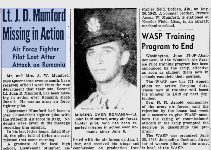 Сообщение о гибели пилота в одной из американских газет